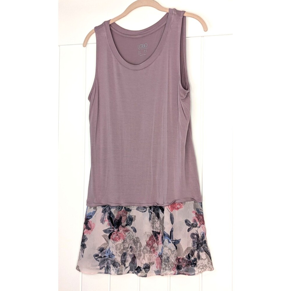 LOGO Lori Goldstein Solid Tank Print Chiffon Hem - Lavender Stone, Large, EUC
